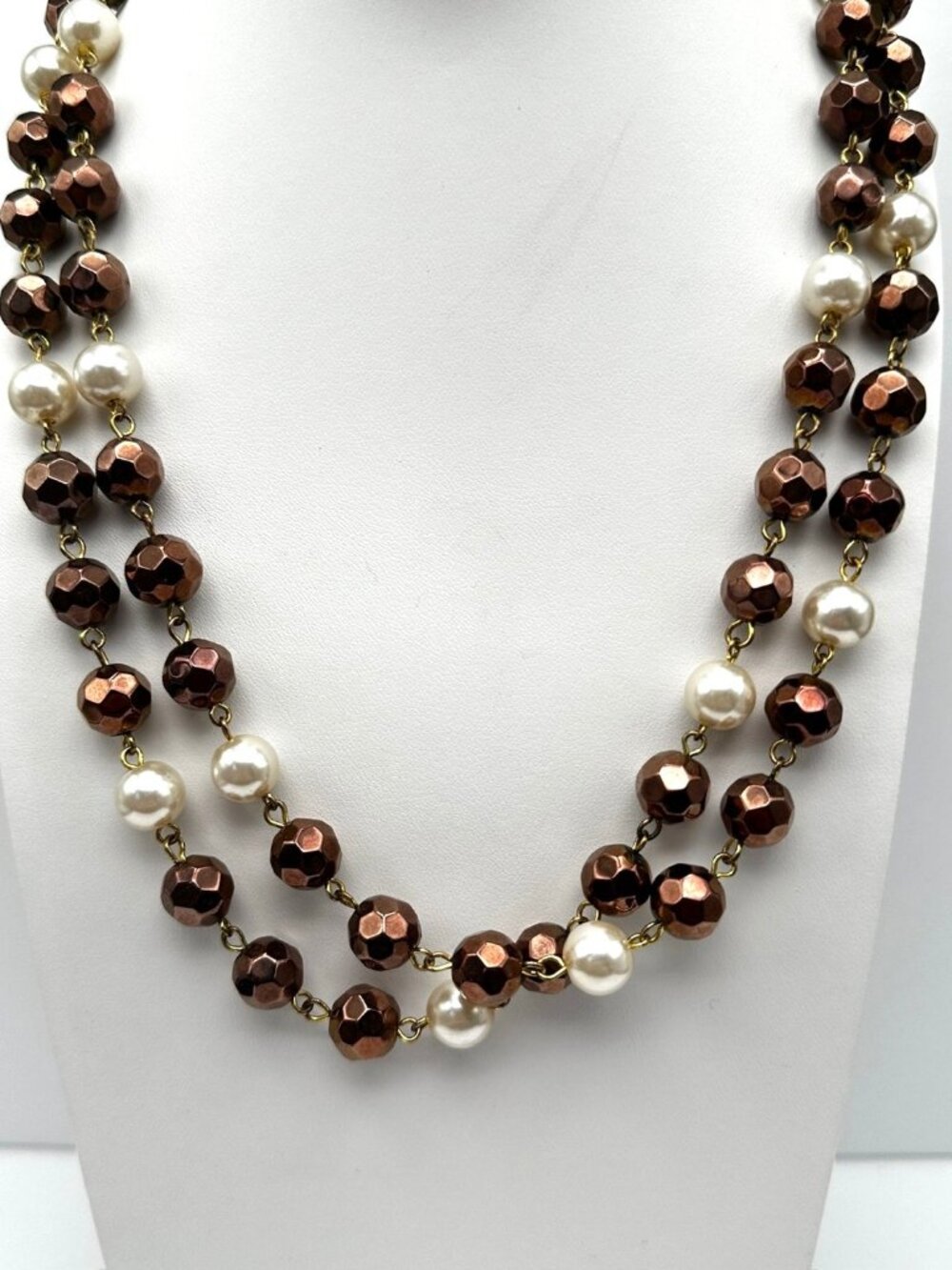 Vintage 90s White Faceted Bronze Bead Pearl Double Strand Necklace Jewelry